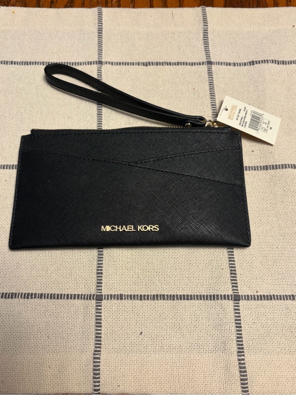 Michael Kors Black Saffiano Leather Wristlet Clutch with Gold Logo